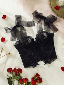 Floral Lace Tie Shoulder Underwire Corset Bra Lingerie UnderwearOuter, Baddie Look - Black - View 4