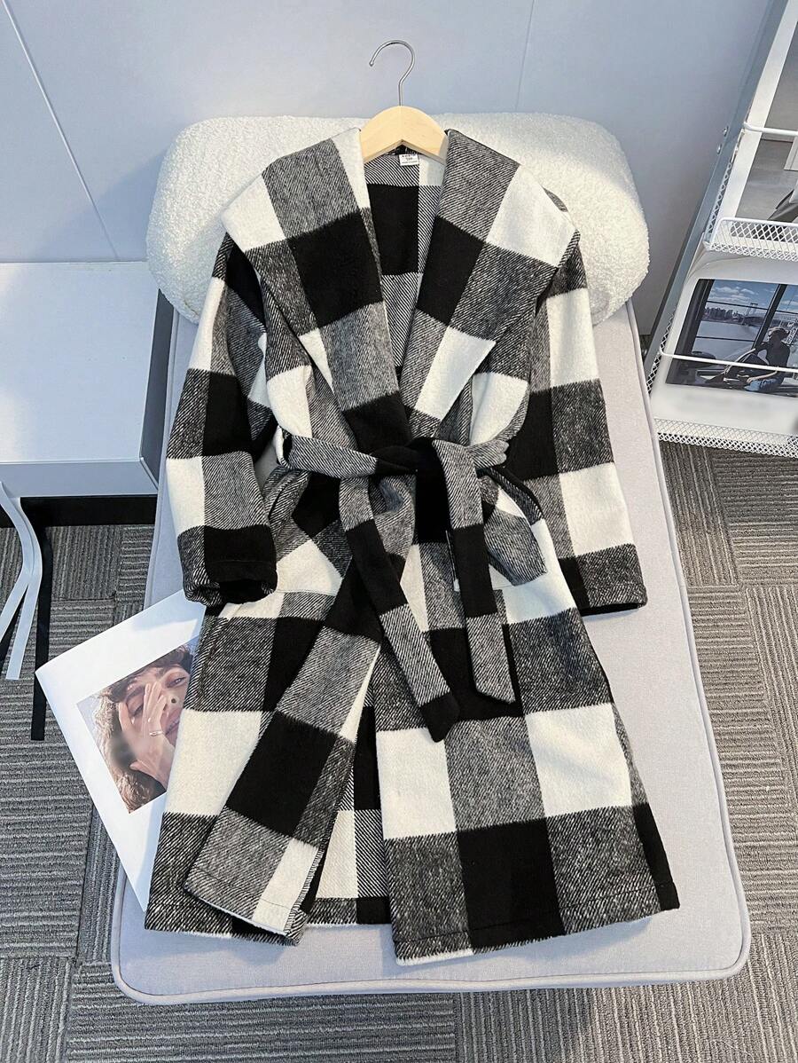 Tween Girl Black And White Check Buffalo Plaid Print Waterfall Collar Long Overcoat,Suitable For Travel, School, Daily Gatherings, Autumn And Winter - Black and White - View 1