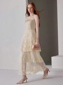 SHEIN Belle Women's Elegant Party Sexy Lace Splicing Multi-Layered Lace Strapless Wedding Dress, Solid Color Elegant Long Gown Women's Wedding Prom A-Line Dress Dress