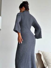 SHEIN Privé 女士灰色高领开袖中长款毛衣连衣裙，秋冬 - 灰色 - 查看 3