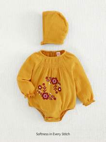 Cozy Pixies 2pcs/Set Baby Girl Floral Pattern Round Neck Long Sleeve Ruffle Waist Bodysuit & Hat - Yellow - View 1