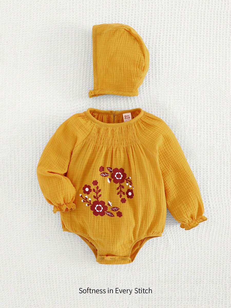 Cozy Pixies 2pcs/Set Baby Girl Floral Pattern Round Neck Long Sleeve Ruffle Waist Bodysuit & Hat - Yellow - View 1