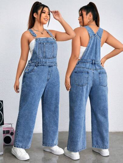 SHEIN EZwear Plus Size Women Denim Bib Overall Casual Loose Adjustable Strap Blue