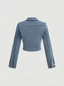 SHEIN MOD Women's Patch Pocket Contrast Bow Detail Zipper Placket Denim Jacket - Blue - View 2