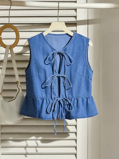 Comfortcana Women's Casual Denim Tie Bow Ruffle Hem Vest, Blue
