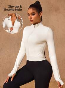 SHEIN Sports 女式纯色前拉链修身运动夹克，适合春夏季 - 杏色 - 查看 4