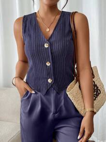 SHEIN Frenchy 夏季休闲亚麻条纹衬衫背心 - 藍色 - 查看 4