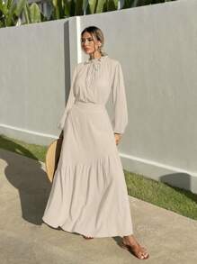 EURMUSE 2pcs Set Woven Ruffle Collar Bishop Sleeve Blouse & Skirt - Beige - View 7