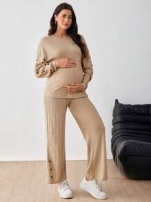 SHEIN Round Neck Button Down Drop Shoulder Top And Adjustable Waist Straight Leg Pants 2-Piece Set For Pregnant Women, For Maternity - Brown - View 3