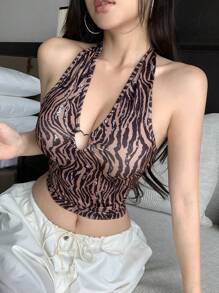 DAZY Women's Leopard Print Halter Crop Top Festival Outfits - Mocha Brown - View 5