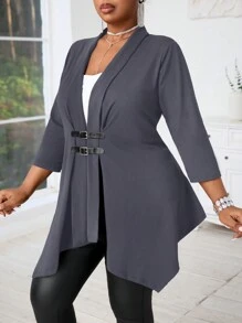 SHEIN Lady Plus Size Black Cardigan With Mid-Length Sleeves & Metal Buckle, Asymmetric Hem Women's Coat Fall Women Outfits Fall Outfits Going Out Outfits Winter