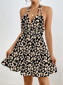 Chiquease Women's Summer Casual Leopard Print Halter Cinched Waist Dress - Black - View 6