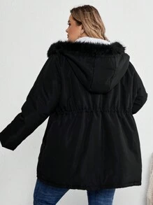 SHEIN CURVE+ Abrigo acolchado con capucha de color sólido y cordón a la cintura, talla grande, para invierno