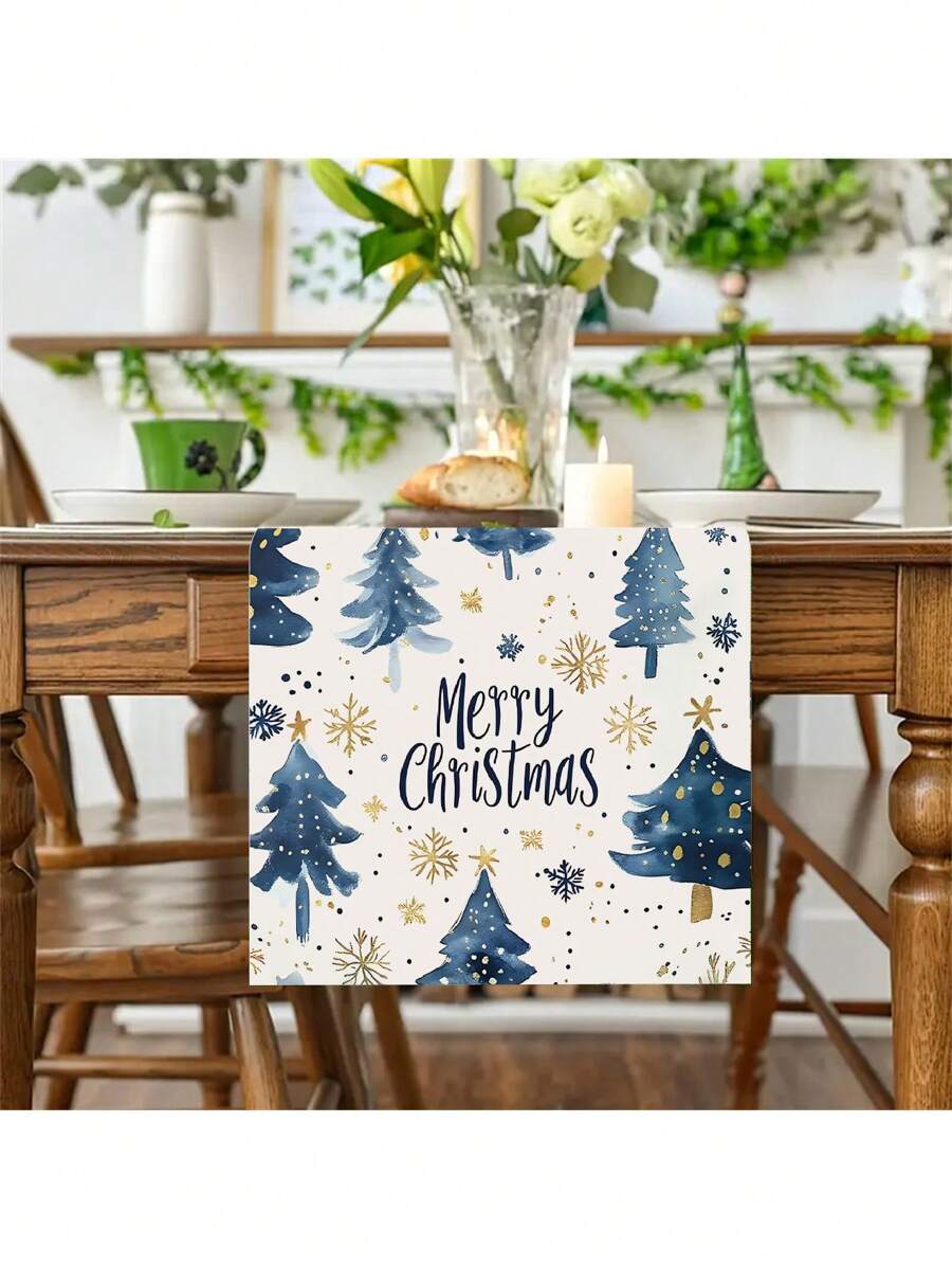 1pc Festive Christmas Table Runner Blue Christmas Trees And Snowflake Festive Holiday Print Design - Perfect For Indoor And Outdoor Holiday Parties Decor, Home Party - الأزرق - مشاهدة 1