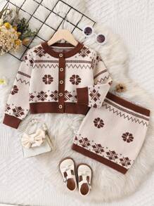 SHEIN Young Girl Patterned Knitted Jacket And Skirt Set, Suitable For Daily Wear And Outings - Coffee Brown - View 1