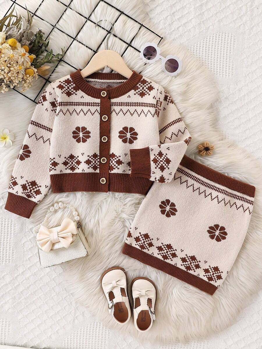 SHEIN Young Girl Patterned Knitted Jacket And Skirt Set, Suitable For Daily Wear And Outings - Coffee Brown - View 1