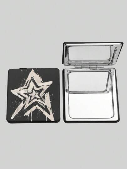 Grunge Punk 1pc Black Square Mirror With Random Positioning Star Print, Portable Handheld Makeup Mirror For Girls