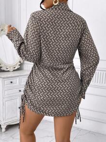 SHEIN Unity Plus Size Fashionable Full Print Side Draw Cord Front Button Mini Shirt Dress, Spring & Fall - Khaki - View 6