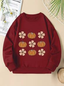 Young Girl Casual Pumpkin & Flower Print Crew Neck Sweatshirt, Autumn Winter - Burgundy - View 4