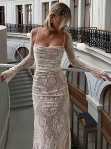 INAWLY Women's Sexy White Lace Ruffle Spaghetti Strap Dress With Shawl - White - View 1