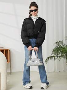 SHEIN Leap Crew Teen Girls' Black Casual School Style Ribbed Mock Neck Pullover Jacket - Black - View 6