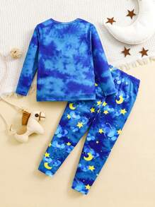 SHEIN 2 件装小男孩舒适贴身可爱卡通小狗图案圆领长袖和长裤家居睡衣套装 - 藍色 - 查看 2