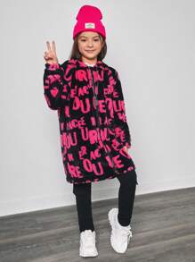 Tween Girls Y2K Style Letter Printed Reversible Fleece Jacket - Black - View 3