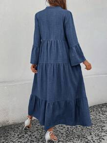 Váy suông dài đơn sắc cổ chữ V xòe cài nút đơn giản dành cho nữ, trang phục maxi xuân hè dành cho nữ - Màu xanh lam - Xem 2