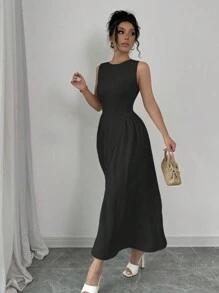 Rafferiza Women's Casual Commuter Side Slit Zip Up Mid-Length Dress Maxi Women Outfit - Black - View 4