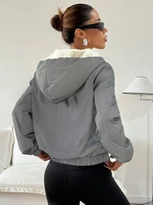 SHEIN EZwear 女式秋冬休闲双面连帽反光细节夹克 - 灰色 - 查看 2