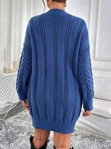 SHEIN LUNE Vestido de suéter de punto con trenzado de cuerda de mangas largas y cuello redondo talla grande para mujer, estilo campestre casual de otoño e invierno