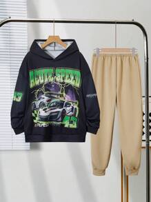 2pcs Teenage Boys' Casual Plaid Comfortable Hoodie Sweatshirt & Pants Set - Black - View 1