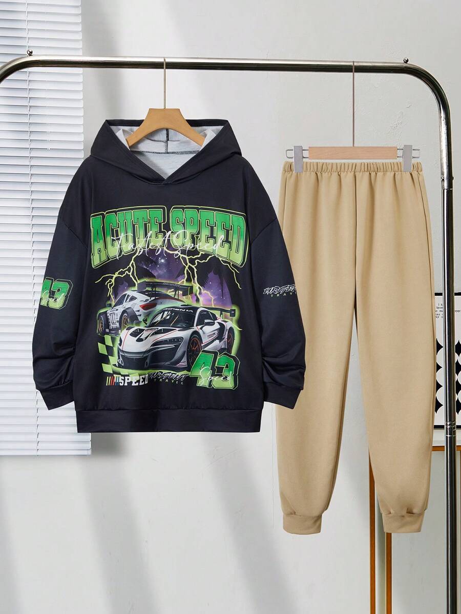2pcs Teenage Boys' Casual Plaid Comfortable Hoodie Sweatshirt & Pants Set - Black - View 1