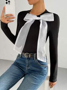 Chiquease Women's Long Sleeve Slim Fit T-Shirt With Bow Decoration, Spring & Autumn