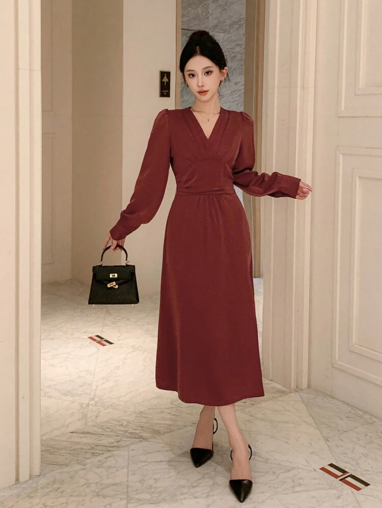 Women's Solid Color V-Neck Long Sleeve Elegant Dress, Spring & Autumn, Birthday Prom Dress Red Women Dresses Maxi Dress