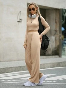 Chiquease 2pcs/Set Comfortable Zipper Top And Loose Pants Casual Sportswear Set - Brown - View 5