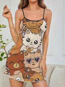 女士猫咪印花吊带睡裙睡衣裙 - 棕色 - 查看 4