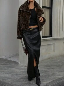 Aveloria Modichic Áo khoác dáng ngắn oversized kiểu Mob Wife mùa đông cho nữ, cổ áo kim loại có khóa kéo, lông xù, họa tiết da báo - màu nâu - Xem 4