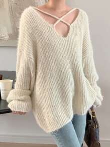 DAZY 女式V领针织毛衣秋季 - 白色 - 查看 6