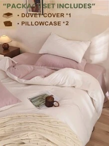 3pcs White And Pink Ultra-Soft Dorm Bedding Set, 1 Duvet Cover, 2 Pillowcases, No Fill, Machine Washable - White - View 2