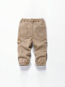 新生男童棉质松紧腰工装口袋休闲裤 - 卡其色 - 查看 2