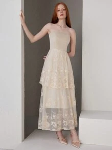 SHEIN Belle Women's Elegant Party Sexy Lace Splicing Multi-Layered Lace Strapless Wedding Dress, Solid Color Elegant Long Gown Women's Wedding Prom A-Line Dress Dress