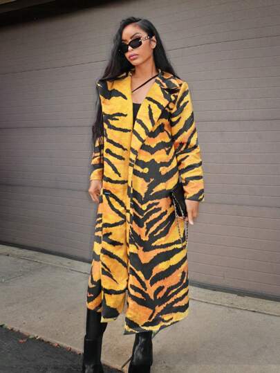 Zolique Abrigo elegante de lana de manga larga con cuello de solapa y estampado de cebra para mujer, otoño e invierno