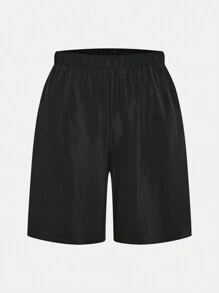 SHEIN Leap Crew 3 件套青少年男孩休闲拼色缝线圆领长袖上衣、纯色长裤和短裤针织运动服套装、健身服 - 黑色 - 查看 3