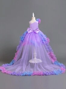 Glamorique Kids 圣诞节/场合 4 季女婴紫色薄纱泡泡袖连衣裙，露肩花卉蕾丝边和分层薄纱裙，公主派对连衣裙 - 紫色 - 查看 2