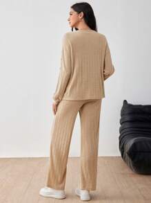 SHEIN Round Neck Button Down Drop Shoulder Top And Adjustable Waist Straight Leg Pants 2-Piece Set For Pregnant Women, For Maternity - Brown - View 2