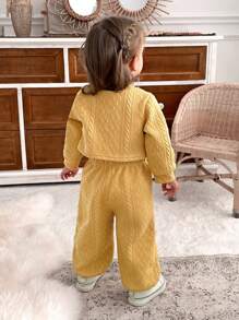 SHEIN Babygirl 3pcs Set Texture Detail Yellow Top, Fashionable Outfit For Outings In Autumn - Ginger - View 2