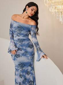 Modelyn Women Off-Shoulder Long Sleeve Allover Print Casual Dress Long Evening Dresses