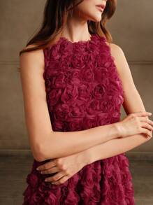 Anewsta 女士优雅玫瑰花朵 3D 点缀无袖编织礼服酒红色新年服装长款女装 - 紅色 - 查看 2