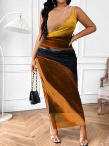 SHEIN Clasi Plus Size Tie-Dye Printed Ruched Asymmetric Neck Slit Thigh Sleeveless Dress Women Outfit, For Summer - Multicolor - View 6